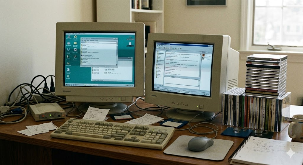A grainy photo of a cluttered computer desk from around 2000