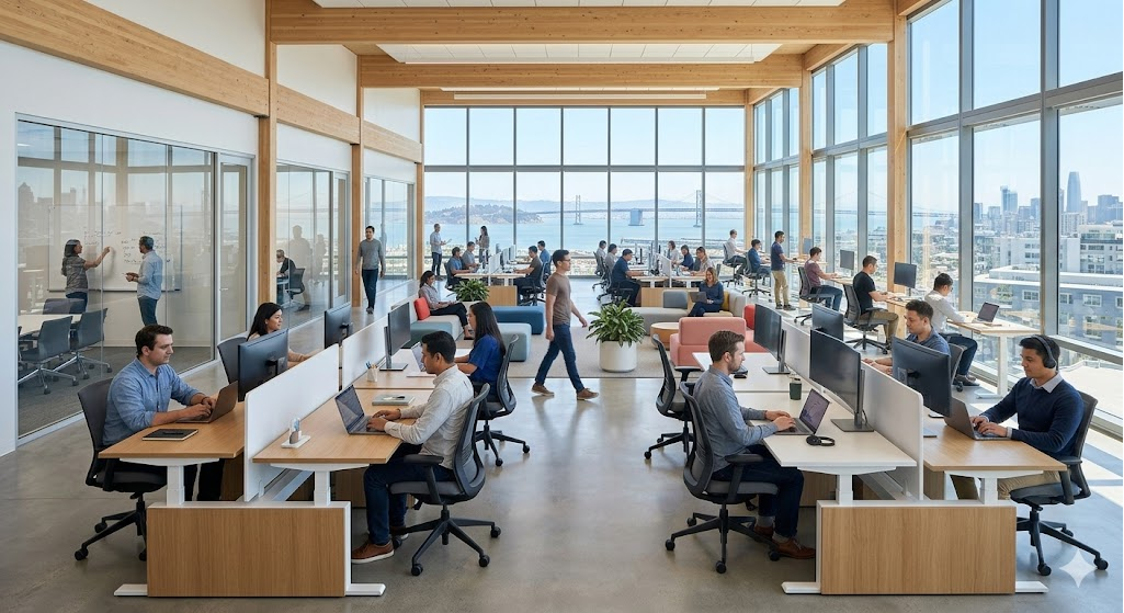 Sleek modern Silicon Valley open-office space with a view of the bay