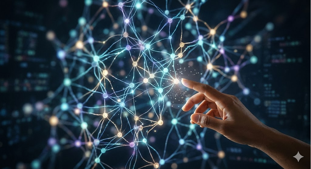 Abstract artistic image of a hand touching a glowing digital network